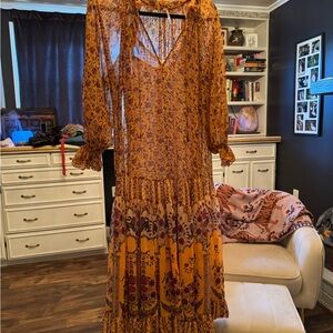 Free People Long Sleeve Floral Dress in Orange and Purple